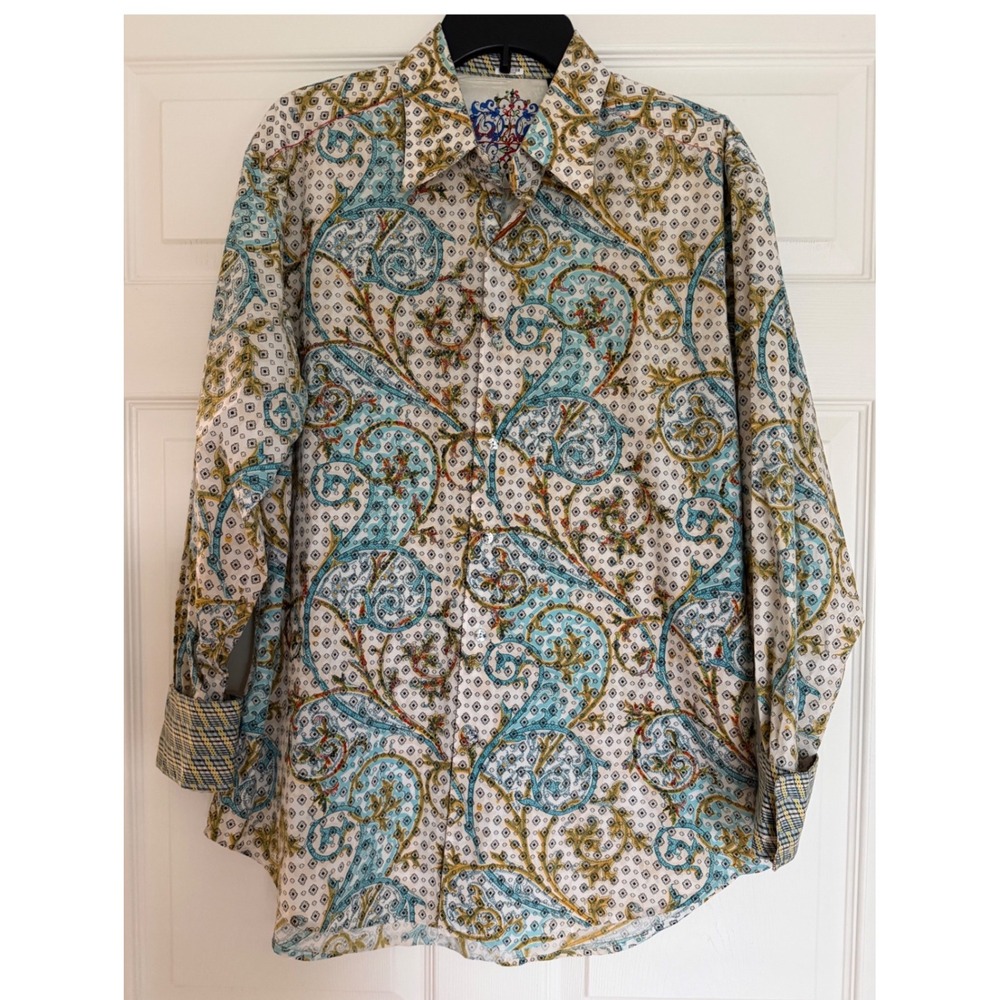 Robert Graham Mens L Large Premium Embroidered Paisley Cotton Shirt Silk Trim - Picture 2 of 10